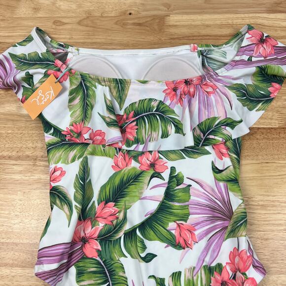 Kona Sol Women's White Floral Print Off Shoulder Swimsuit - Size Medium - NWT - Picture 6 of 9